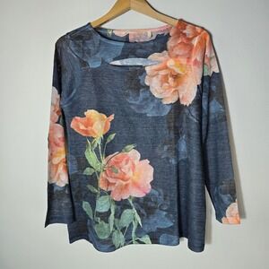 Soft Surroundings Rose Floral Knit Sweater S Keyhole Blue‎ Gray Pullover